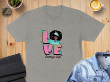 Load image into Gallery viewer, Gray t-shirt with "LOVE nurse life" text featuring a Black woman with butterflies.

