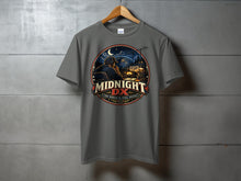 Load image into Gallery viewer, Gray t-shirt with "Midnight DX The World Is Still Awake" graphic of a person with headphones at a radio.
