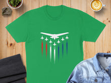 Load image into Gallery viewer, Green t-shirt with white fighter jets flying over red, white, and blue smoke trails.
