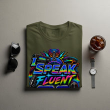 Load image into Gallery viewer, Green t-shirt with vibrant "I SPEAK FLUENT" graphic featuring radio equipment and equalizer.
