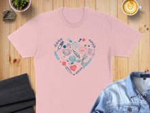 Load image into Gallery viewer, Pink t-shirt with heart design of medical icons and "nurse" and "patience" text.
