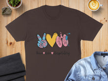 Load image into Gallery viewer, Brown t-shirt with peace sign, heart, and lungs graphic and "Peace love Respiratory" text.
