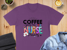 Load image into Gallery viewer, Purple t-shirt with "Coffee gives me Nurse Powers" text and stethoscope.
