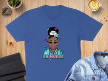 Load image into Gallery viewer, Blue t-shirt with colorful cartoon nurse illustration featuring butterflies and "RN NURSE" text.
