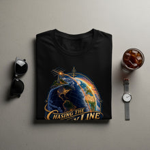 Load image into Gallery viewer, Black t-shirt with a graphic of the Earth, radio tower, and the text "Chasing the Day Line."
