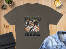 Load image into Gallery viewer, Brown t-shirt with "MY DAD ROCKS" and crossed guitars graphic.
