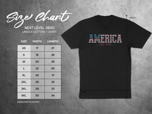 Load image into Gallery viewer, Next Level 3600 unisex t-shirt size chart with measurements.

