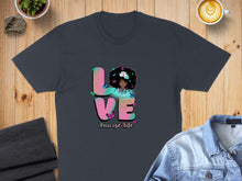 Load image into Gallery viewer, Dark gray t-shirt with "LOVE #nurse life" graphic featuring a woman with butterflies.
