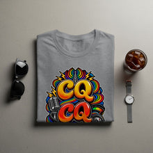 Load image into Gallery viewer, Grey t-shirt with "CQ CQ" text, microphone, and radio graphics.
