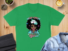 Load image into Gallery viewer, Green t-shirt with "Keep Calm I'm a Nurse" text and illustration.
