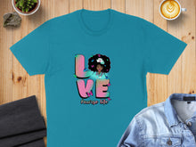 Load image into Gallery viewer, Teal t-shirt with "LOVE #nurse life" graphic featuring a woman and butterflies.
