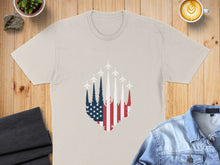 Load image into Gallery viewer, Cream t-shirt with American flag and jet silhouette design.
