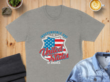 Load image into Gallery viewer, Gray t-shirt with "Independence Day United States of America" shield graphic.
