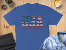 Load image into Gallery viewer, Blue t-shirt with "USA" in a distressed American flag design.
