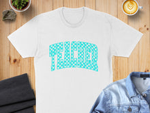 Load image into Gallery viewer, White t-shirt with "TEACHER" in a turquoise checkerboard pattern.
