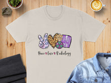 Load image into Gallery viewer, T-shirt with "Peace Love Radiology" and leopard print peace sign.
