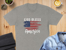 Load image into Gallery viewer, Grey t-shirt with "God Bless America" text and distressed American flag design.
