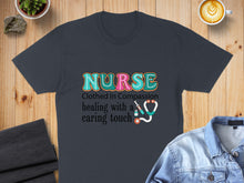 Load image into Gallery viewer, Dark gray t-shirt with "Nurse" and stethoscope graphic.
