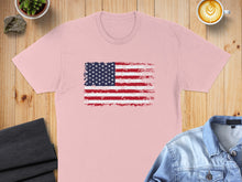Load image into Gallery viewer, Pink t-shirt with distressed American flag graphic and denim jacket.

