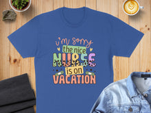 Load image into Gallery viewer, Blue t-shirt with "I'm sorry the nice nurse is on vacation" text.
