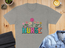 Load image into Gallery viewer, Gray t-shirt with "NURSE" in colorful floral letters.
