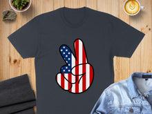 Load image into Gallery viewer, Dark grey t-shirt with a peace sign featuring the American flag design.
