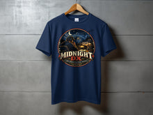 Load image into Gallery viewer, Navy t-shirt with "MIDNIGHT DX THE WORLD IS STILL AWAKE" graphic.
