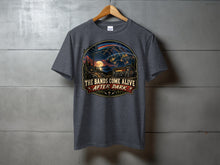 Load image into Gallery viewer, Dark grey t-shirt with "The Bands Come Alive After Dark" radio graphic.
