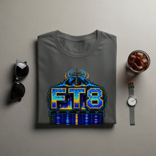 Load image into Gallery viewer, Grey t-shirt with "FT8" graphic featuring a globe, radio tower, and frequency display.
