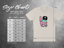 Load image into Gallery viewer, Unisex t-shirt size chart showing measurements for XS to 4XL.
