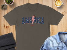 Load image into Gallery viewer, Brown t-shirt with "AMERICA" text in a lightning bolt pattern.

