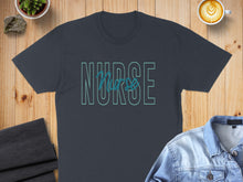 Load image into Gallery viewer, Dark gray t-shirt with "NURSE" in light blue outlined text.
