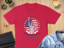 Load image into Gallery viewer, Red t-shirt with Statue of Liberty, American flag, and "Celebrating America's 4th July 1776-2026" text.
