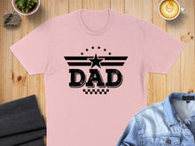 Load image into Gallery viewer, Pink t-shirt with black "DAD" text and star graphic.
