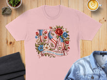Load image into Gallery viewer, Pink t-shirt with "USA 250 Years of Freedom" text and floral American flag design.
