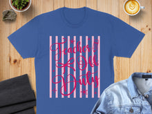 Load image into Gallery viewer, Teacher off duty text with pink stripes on a blue t-shirt.
