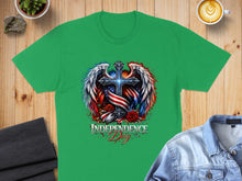 Load image into Gallery viewer, Green t-shirt featuring a cross with wings, American flag, and roses with "Independence Day" text.
