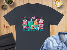 Load image into Gallery viewer, NICU Neonatal Intensive Care Unit text with baby and animal characters on a dark t-shirt.
