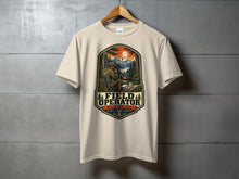 Load image into Gallery viewer, T-shirt with "Field Operator Shack Optional" graphic of a man with radio in nature.
