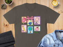 Load image into Gallery viewer, T-shirt with colorful school-themed illustrations: backpack, globe, apple, book.
