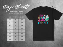 Load image into Gallery viewer, Size chart for a unisex cotton t-shirt with a nurse and coffee graphic.
