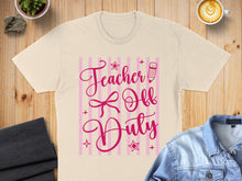 Load image into Gallery viewer, Teacher Off Duty text with pink stripes, bow, and pencil.
