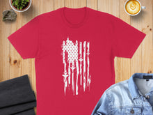 Load image into Gallery viewer, Red t-shirt with distressed American flag design of rockets.
