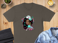 Load image into Gallery viewer, T-shirt with graphic of Black nurse with stethoscope, butterflies, and text "Black Nurse Magic".
