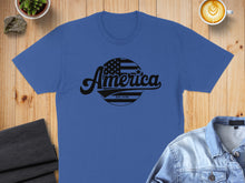 Load image into Gallery viewer, Blue t-shirt with "America EST. 1776" circular American flag design.
