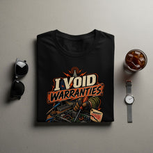 Load image into Gallery viewer, Black t-shirt with "I Void Warranties" graphic featuring a hand repairing electronics.
