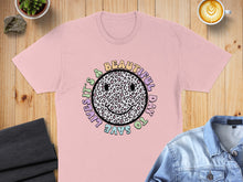 Load image into Gallery viewer, Pink t-shirt with "It's a beautiful day to save lives" text around a leopard print smiley face.
