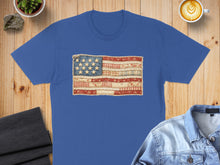 Load image into Gallery viewer, Blue t-shirt featuring a distressed American flag quilt design with stars and stripes.
