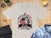 Load image into Gallery viewer, Cream t-shirt with "Celebrating America's Semiquincentennial 1776-2026" text and Statue of Liberty.
