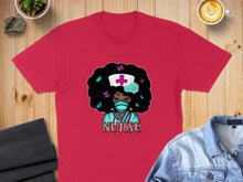Load image into Gallery viewer, Red t-shirt with cartoon nurse graphic featuring dark curly hair and mask.
